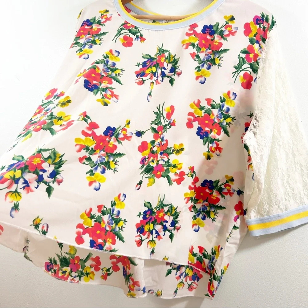 Topia Cream Red Light Blue HiLow Blouse Girly Blokecore Trim & Lace 3/4 Sleeves - Picture 13 of 16